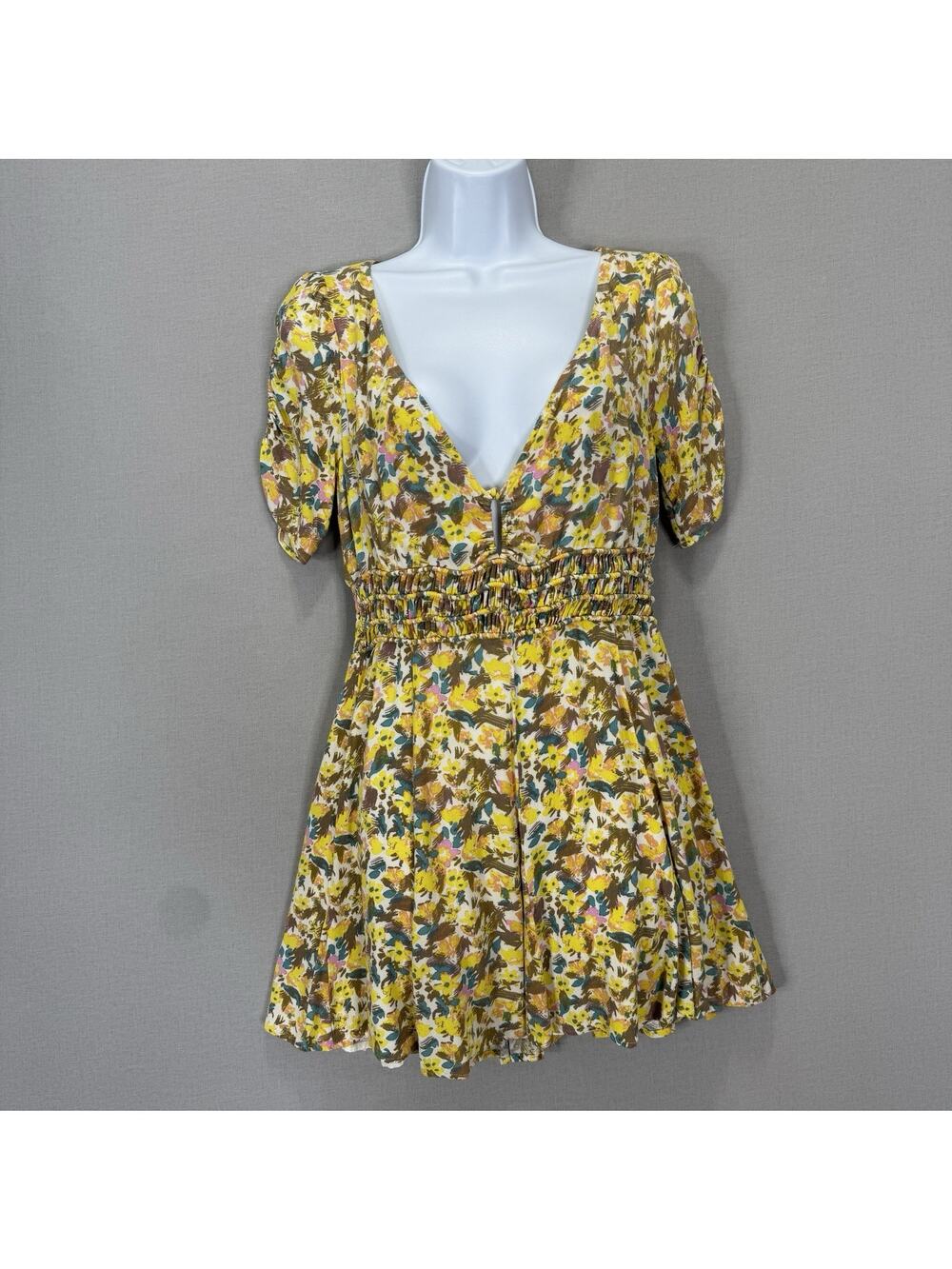 Free People Forget Me Not Mini Dress Womens 6 Yellow Floral Smocked Boho Cottage
